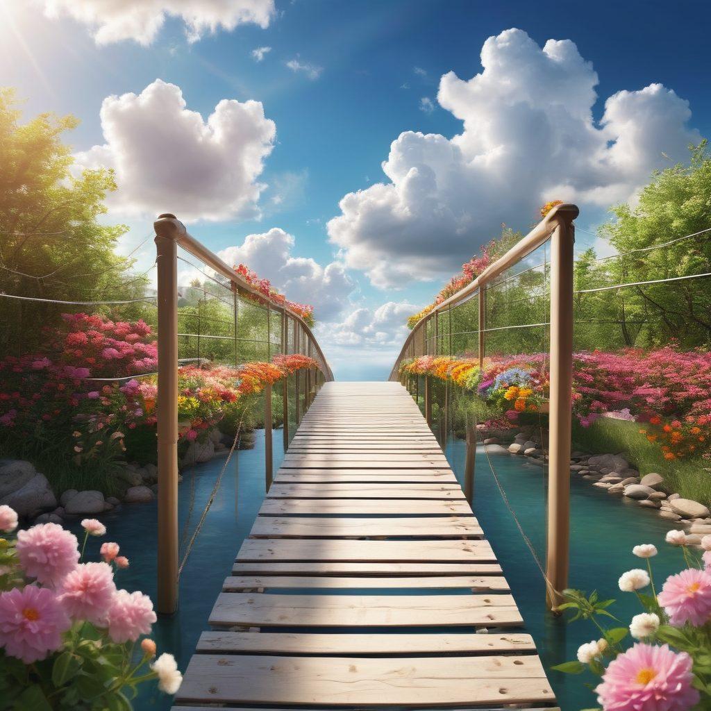 A vibrant, colorful illustration of a bridge made of various joyful memories represented as floating images and objects like family gatherings, laughter, and achievements. The bridge stretches over a serene landscape filled with blooming flowers and sunlight creating a path of happiness. The sky is bright and cheerful with fluffy clouds. super-realistic. vibrant colors. white background.