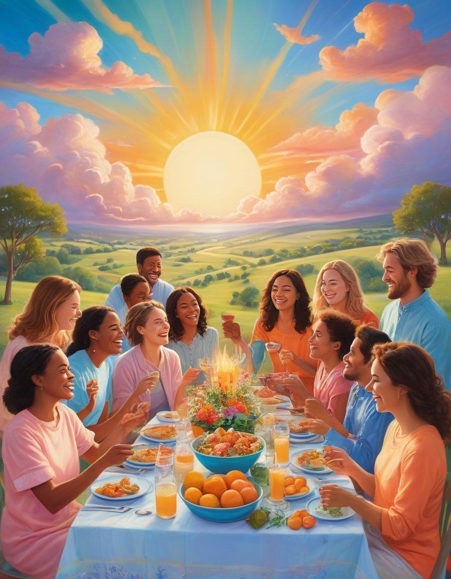A whimsical collage depicting various happy moments like laughter, shared meals, and friends embracing, all interconnected by vibrant threads of light symbolizing connection. The background features a dreamy landscape with soft clouds and a bright sun to evoke warmth and joy. Include diverse characters to represent community and togetherness. soft pastel colors. painting. cheerful ambiance.